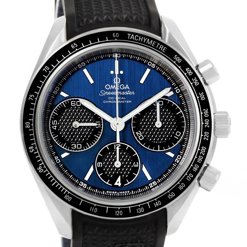 The Omega Speedmaster 326.32.40.50.03.001 Men
s Stainless Steel Blue Dial 326.32.40.50.03.001 Men
s Stainless Steel Blue Dial watch is shown from the front, displaying the face, tachymeter, and pushers.