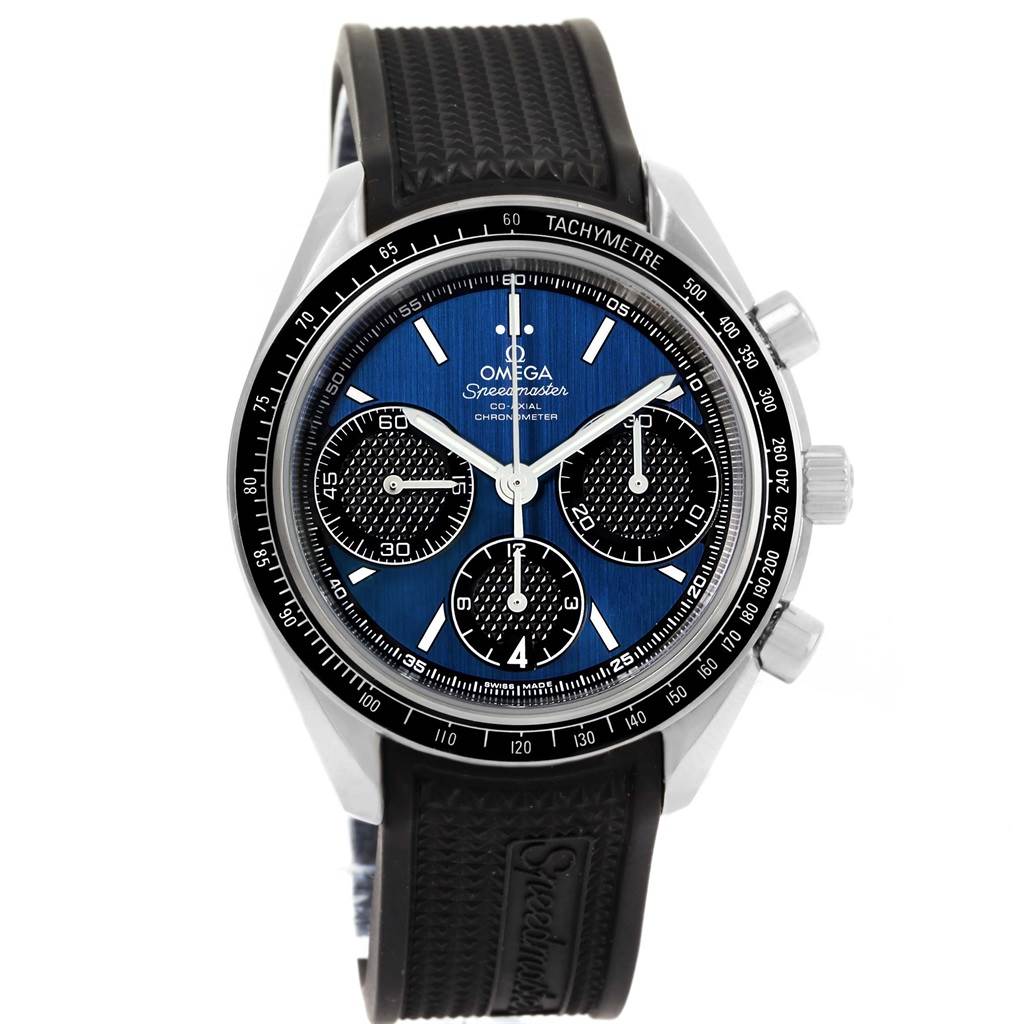 The Omega Speedmaster 326.32.40.50.03.001 Men
s Stainless Steel Blue Dial 326.32.40.50.03.001 Men
s Stainless Steel Blue Dial watch is shown from the front, displaying its dial, bezel, chronograph subdials, and strap.