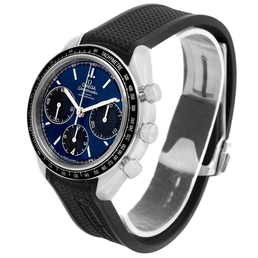 The Omega Speedmaster 326.32.40.50.03.001 Men
s Stainless Steel Blue Dial 326.32.40.50.03.001 Men
s Stainless Steel Blue Dial watch is shown at an angle displaying the face, bezel, pushers, crown, and black strap.