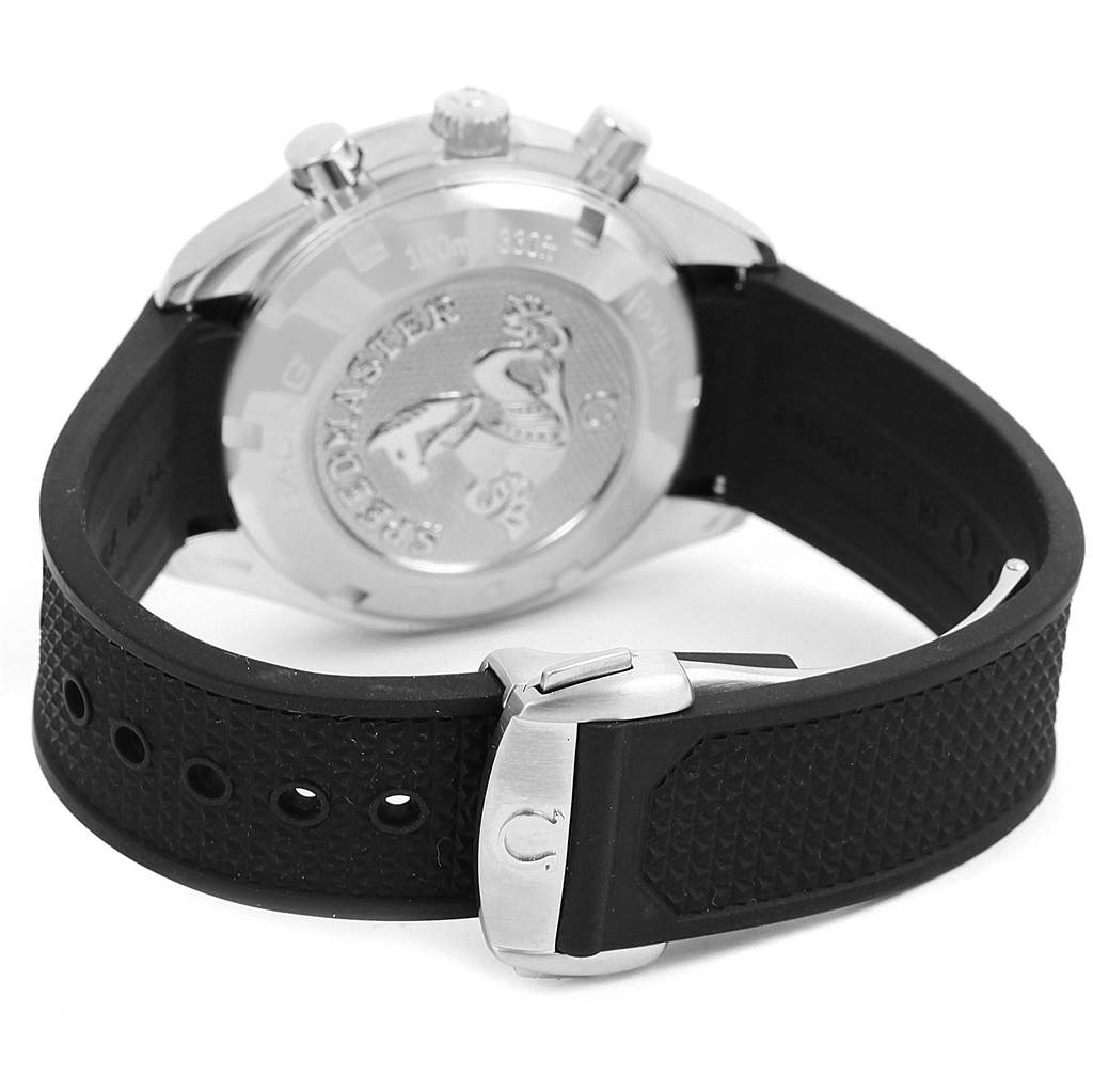 The image shows the backside of an Omega Speedmaster 326.32.40.50.03.001 Men
s Stainless Steel Blue Dial 326.32.40.50.03.001 Men
s Stainless Steel Blue Dial watch, highlighting its case back, crown, pushers, and rubber strap with clasp.