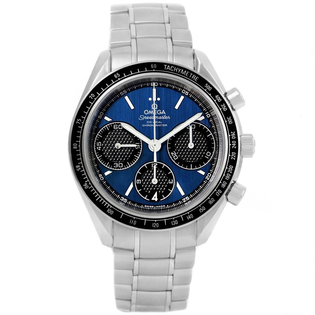 The image shows a front view of an Omega Speedmaster 326.30.40.50.03.001 Men
s Stainless Steel Blue Dial 326.30.40.50.03.001 Men
s Stainless Steel Blue Dial watch, displaying its dial, bezel, and bracelet.