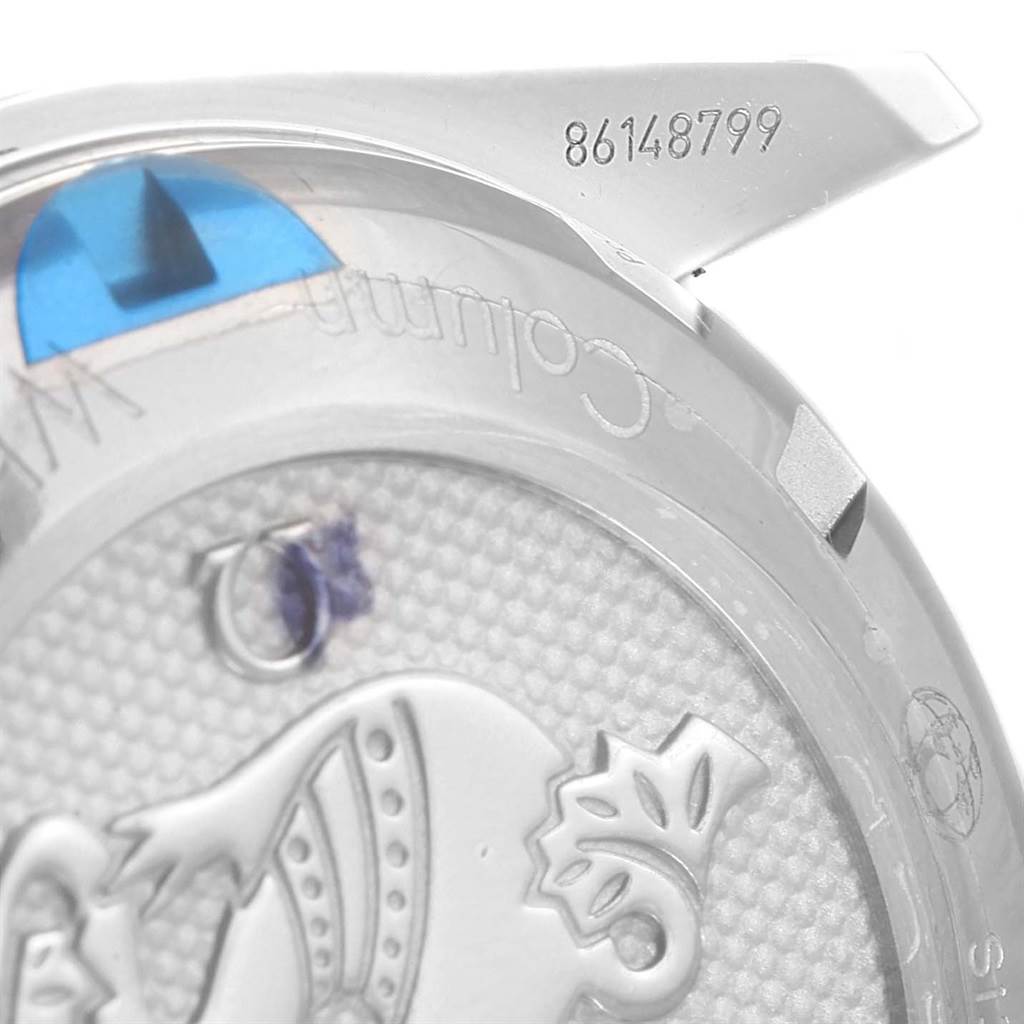 The image shows a close-up of the back case and serial number of an Omega Speedmaster 326.30.40.50.03.001 Men
s Stainless Steel Blue Dial 326.30.40.50.03.001 Men
s Stainless Steel Blue Dial watch, focusing on the engraved details.