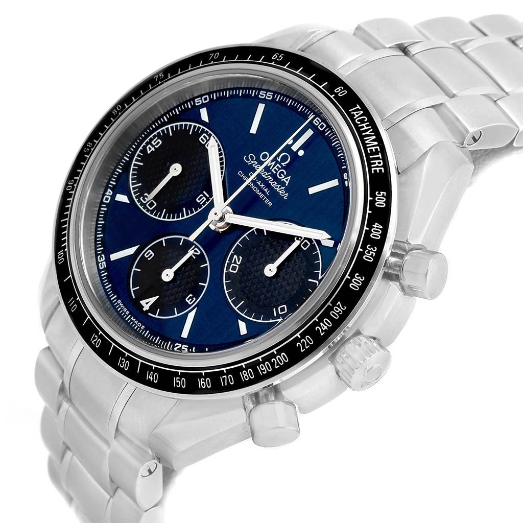 The Omega Speedmaster 326.30.40.50.03.001 Men
s Stainless Steel Blue Dial 326.30.40.50.03.001 Men
s Stainless Steel Blue Dial watch is shown at an angled view, detailing the face, bezel, pushers, and bracelet.