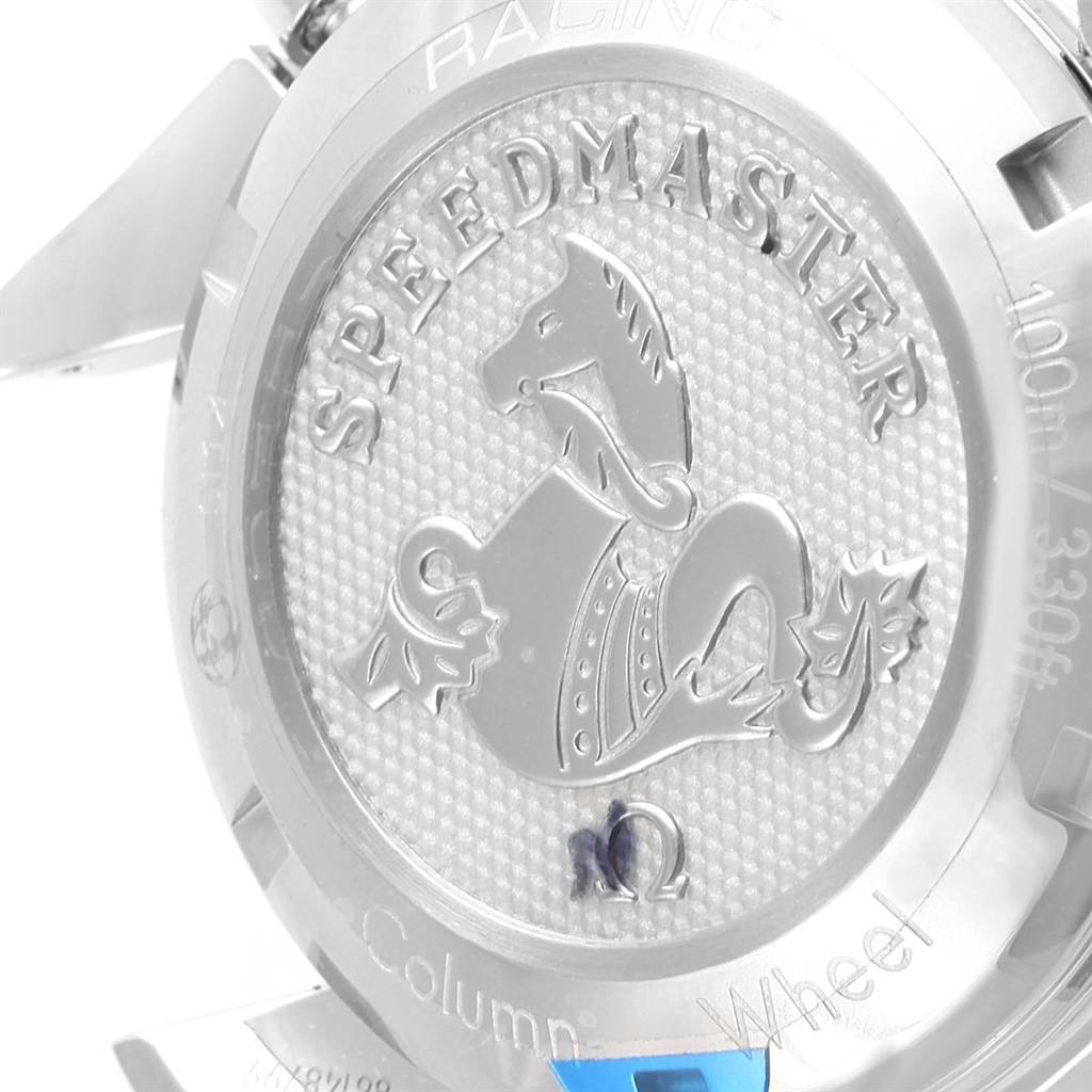 The image shows the back case of an Omega Speedmaster 326.30.40.50.03.001 Men
s Stainless Steel Blue Dial 326.30.40.50.03.001 Men
s Stainless Steel Blue Dial watch, featuring the engraved "Speedmaster" logo.