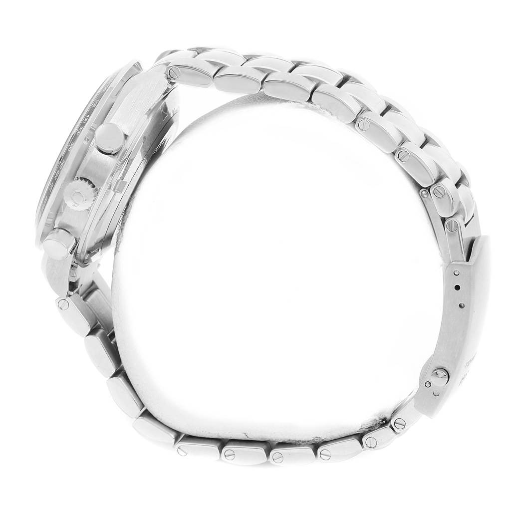 The image shows a side view of the Omega Speedmaster 326.30.40.50.03.001 Men
s Stainless Steel Blue Dial 326.30.40.50.03.001 Men
s Stainless Steel Blue Dial watch, focusing on the bracelet and the side buttons.