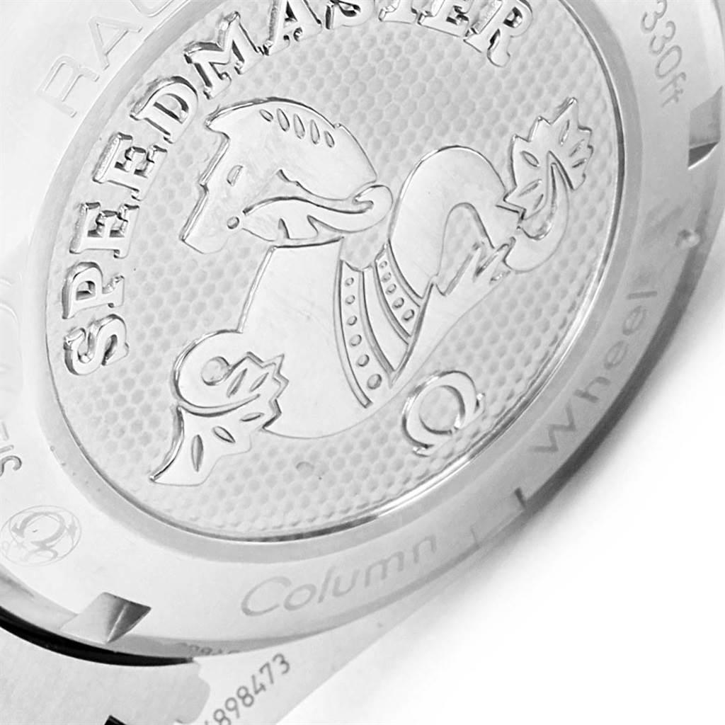 This image shows a close-up of the case back of an Omega Speedmaster 326.30.40.50.01.001 Men
s Stainless Steel Black Dial 326.30.40.50.01.001 Men
s Stainless Steel Black Dial watch.