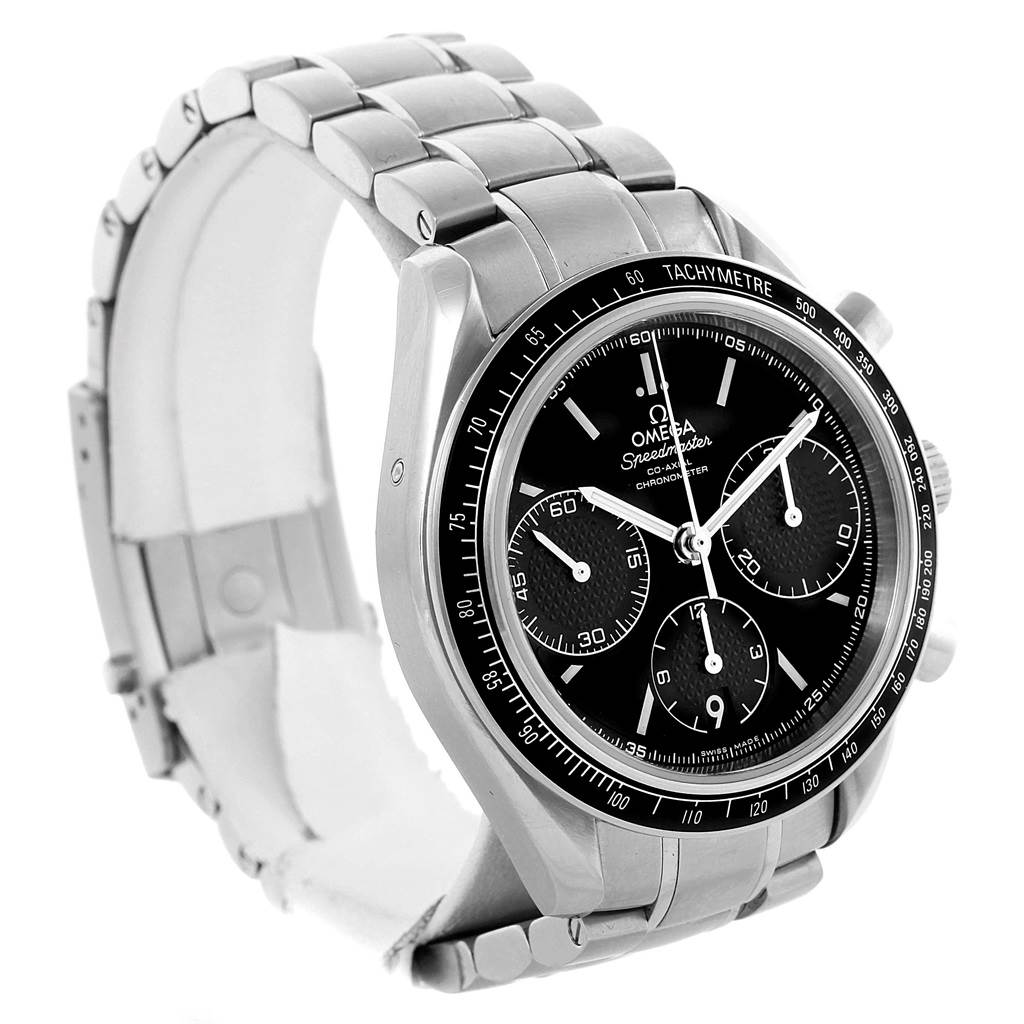 The Omega Speedmaster 326.30.40.50.01.001 Men
s Stainless Steel Black Dial 326.30.40.50.01.001 Men
s Stainless Steel Black Dial watch is shown at a slight angle, displaying its black dial, tachymeter bezel, and stainless steel bracelet.
