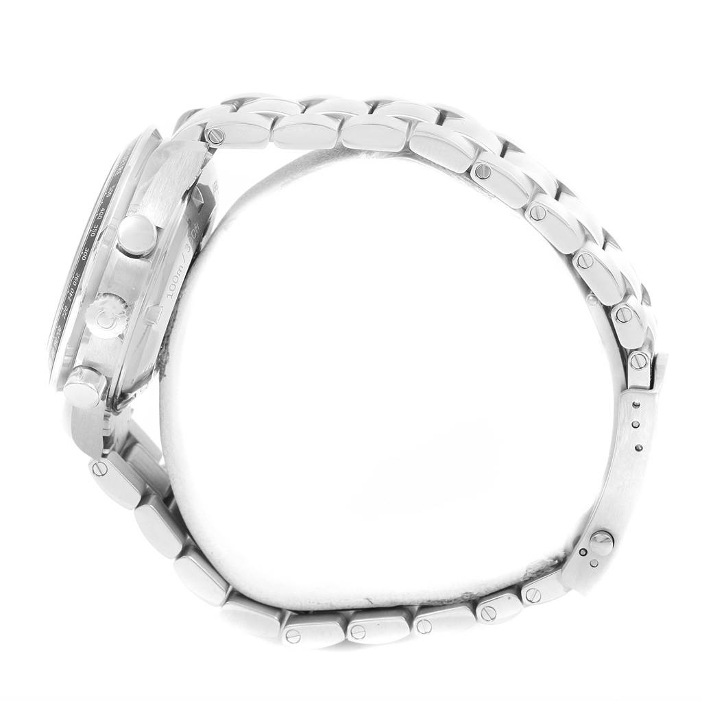 The image shows a side view of an Omega Speedmaster 326.30.40.50.01.001 Men
s Stainless Steel Black Dial 326.30.40.50.01.001 Men
s Stainless Steel Black Dial watch, highlighting its case, crown, pushers, and metal bracelet.