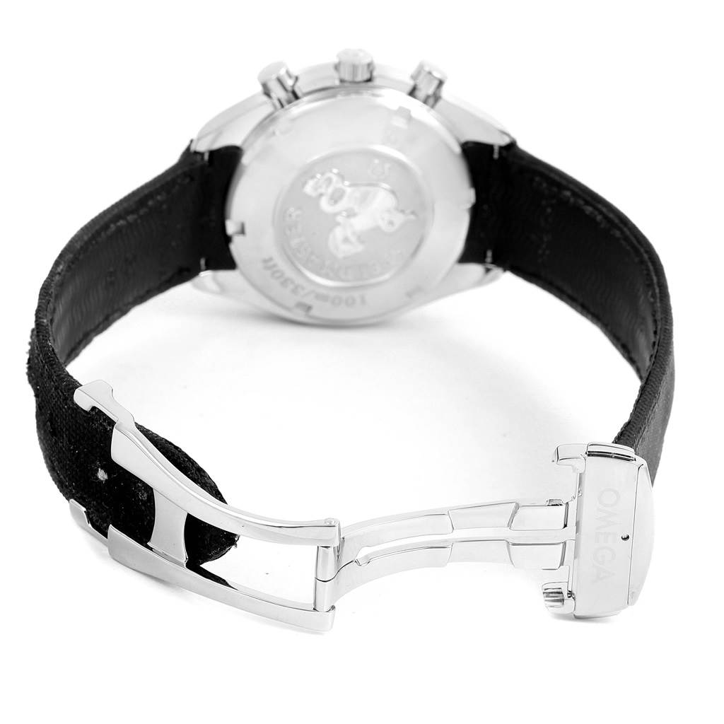 An Omega Speedmaster 323.32.40.40.04.001 Men
s Stainless Steel White Dial 323.32.40.40.04.001 Men
s Stainless Steel White Dial watch is shown from the back, highlighting the case back, pushers, and clasp of the strap.