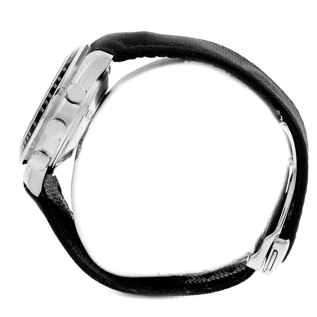 The image shows the side profile of the Omega Speedmaster 323.32.40.40.04.001 Men
s Stainless Steel White Dial 323.32.40.40.04.001 Men
s Stainless Steel White Dial watch, highlighting the case, pushers, crown, and strap.