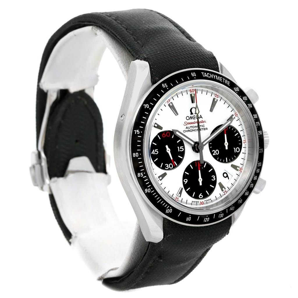 The image shows an Omega Speedmaster 323.32.40.40.04.001 Men
s Stainless Steel White Dial 323.32.40.40.04.001 Men
s Stainless Steel White Dial watch at a slight side angle, highlighting the dial, bezel, and strap.