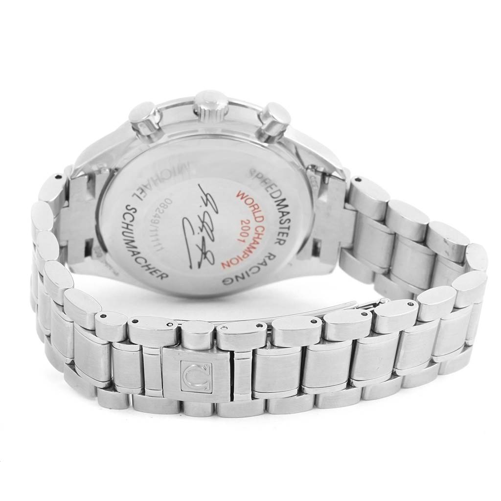 The image shows the back case and bracelet of an Omega Speedmaster 3519.50.00 Men
s Stainless Steel Black Dial 3519.50.00 Men
s Stainless Steel Black Dial watch from an angled rear view.