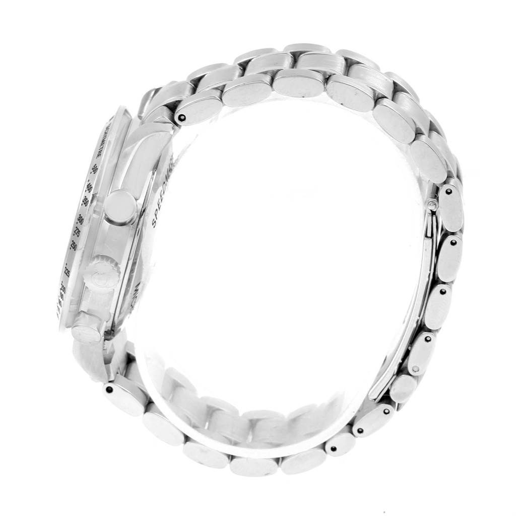 The image shows a side view of the Omega Speedmaster 3519.50.00 Men
s Stainless Steel Black Dial 3519.50.00 Men
s Stainless Steel Black Dial watch, highlighting the bezel, crown, and metal bracelet.