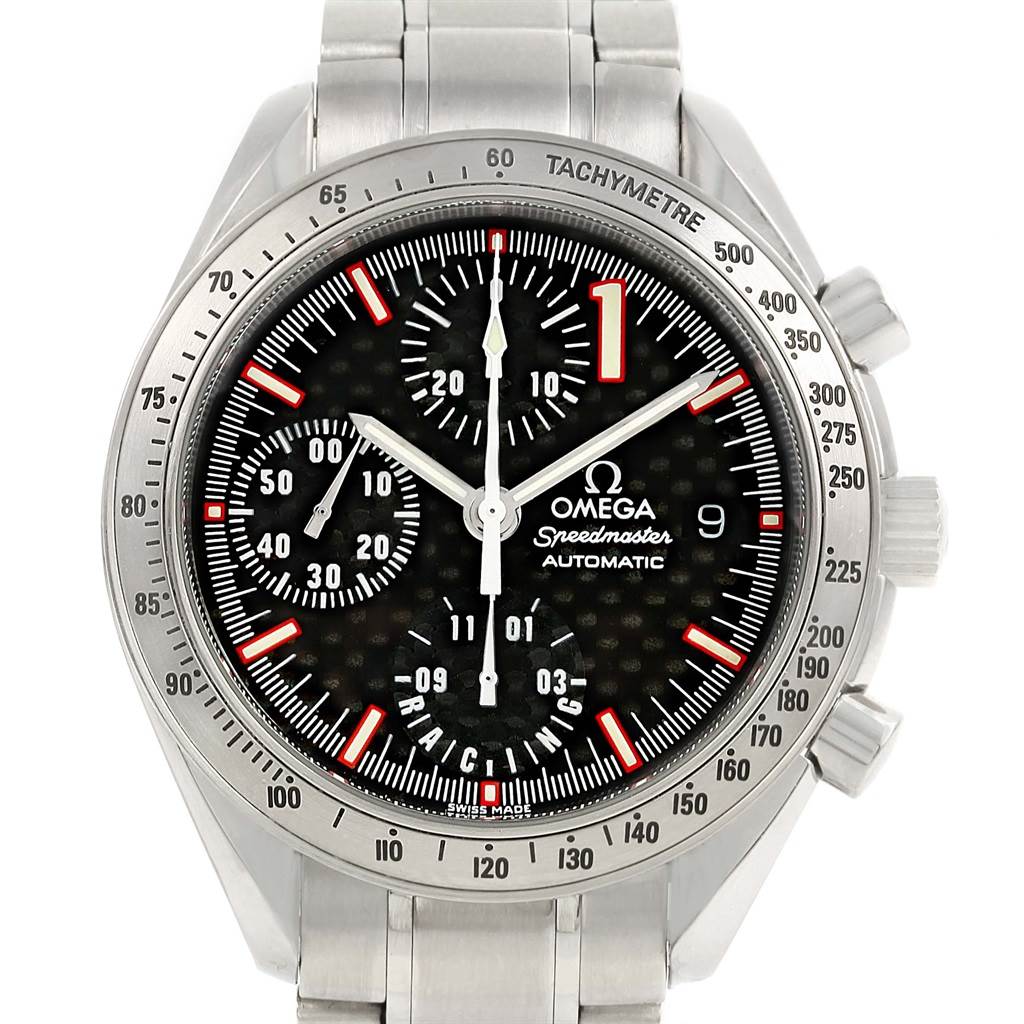 The Omega Speedmaster 3519.50.00 Men
s Stainless Steel Black Dial 3519.50.00 Men
s Stainless Steel Black Dial watch is shown from a front angle, displaying the dial, hands, subdials, bezel, and part of the bracelet.
