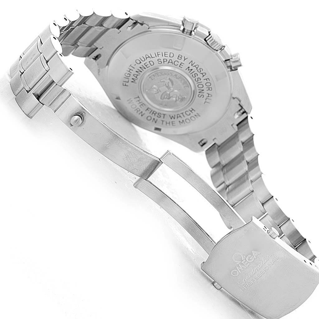 The image shows the back, clasp, and part of the bracelet of an Omega Speedmaster 3570.50.00 Men
s Stainless Steel Black Dial 3570.50.00 Men
s Stainless Steel Black Dial watch.