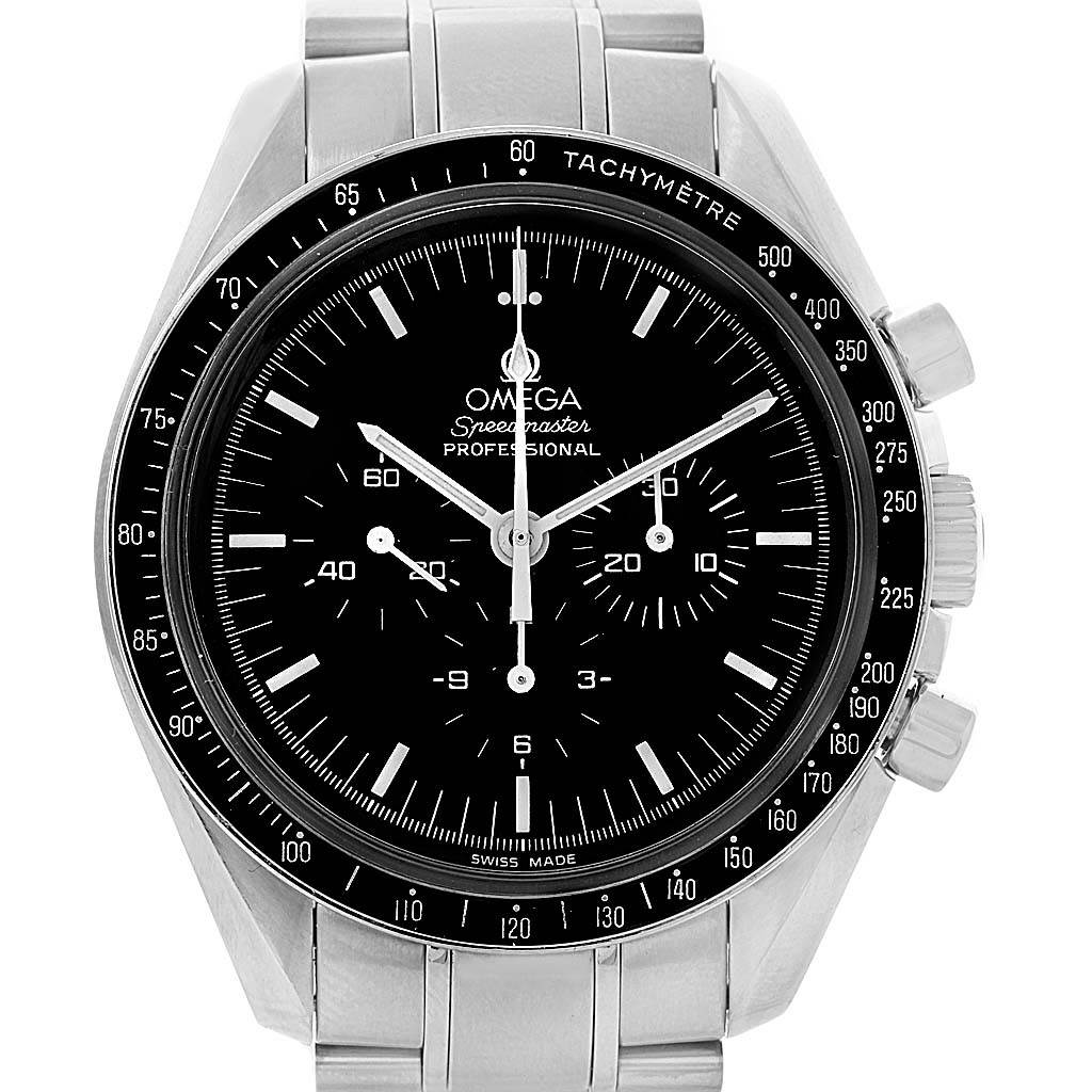 This image shows a front view of the Omega Speedmaster 3570.50.00 Men
s Stainless Steel Black Dial 3570.50.00 Men
s Stainless Steel Black Dial Professional watch, highlighting the black dial, chronograph subdials, and tachymeter bezel.