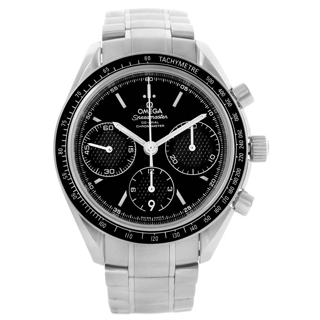 The Omega Speedmaster 326.30.40.50.01.001 Men
s Stainless Steel Black Dial 326.30.40.50.01.001 Men
s Stainless Steel Black Dial watch is shown from a frontal angle, displaying its face, sub-dials, bezel, and metal bracelet.