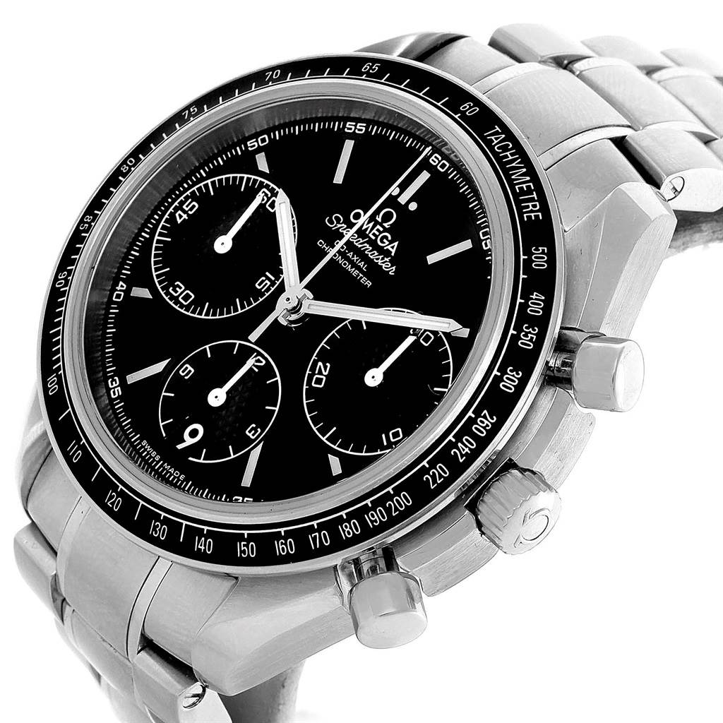 The image shows an angled view of the Omega Speedmaster 326.30.40.50.01.001 Men
s Stainless Steel Black Dial 326.30.40.50.01.001 Men
s Stainless Steel Black Dial watch, highlighting the face, bezel, crown, pushers, and metal bracelet.
