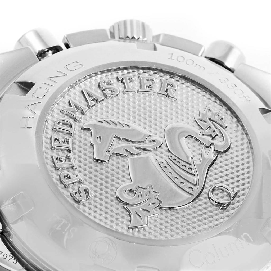 This image shows the back casing of an Omega Speedmaster 326.30.40.50.01.001 Men
s Stainless Steel Black Dial 326.30.40.50.01.001 Men
s Stainless Steel Black Dial watch, featuring its engraved logo and "Speedmaster Racing" text.