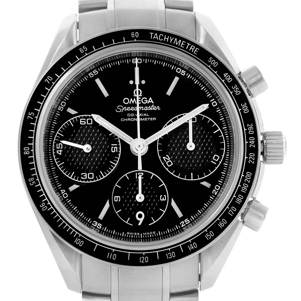 The image shows a front view of the Omega Speedmaster 326.30.40.50.01.001 Men
s Stainless Steel Black Dial 326.30.40.50.01.001 Men
s Stainless Steel Black Dial watch, highlighting its dial, chronograph sub-dials, and tachymetre scale.