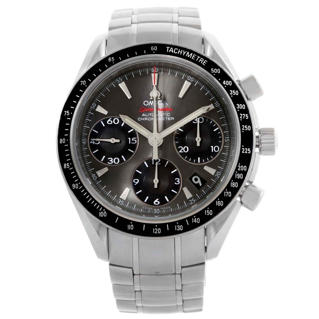 The image shows a front view of the Omega Speedmaster 323.30.40.40.06.001 Men
s Stainless Steel Grey Dial 323.30.40.40.06.001 Men
s Stainless Steel Grey Dial watch, highlighting its face, bezel, and metal bracelet.