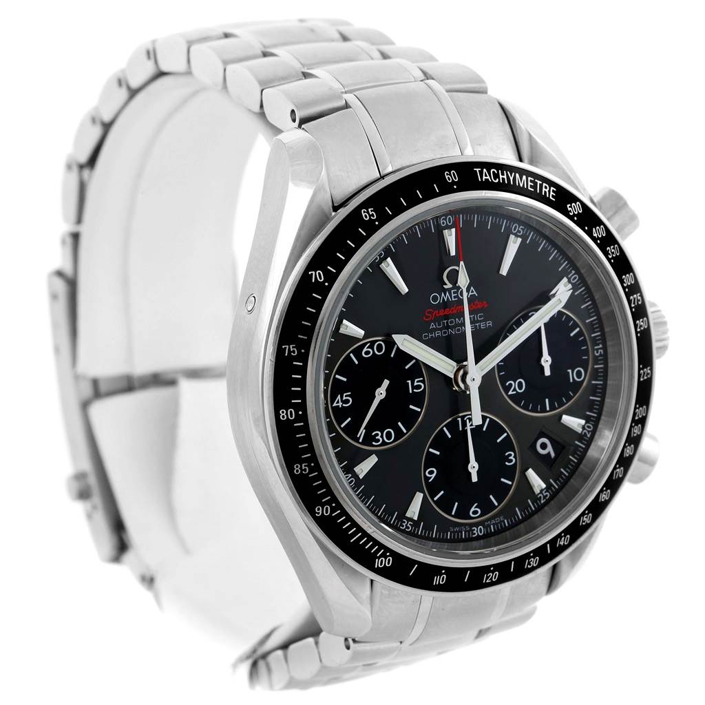 The Omega Speedmaster 323.30.40.40.06.001 Men
s Stainless Steel Grey Dial 323.30.40.40.06.001 Men
s Stainless Steel Grey Dial watch is shown at a 3/4 angle, displaying its face, bezel, and bracelet.