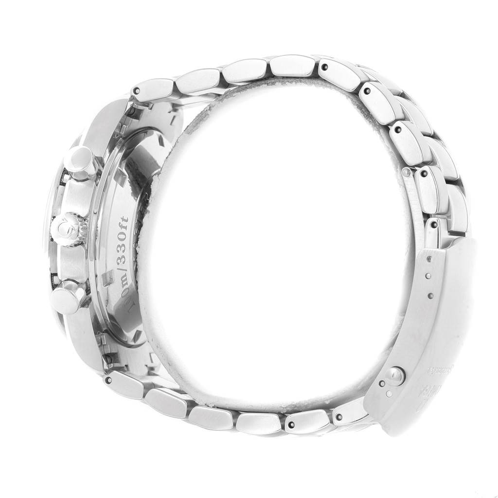 This side angle view of the Omega Speedmaster 323.30.40.40.06.001 Men
s Stainless Steel Grey Dial 323.30.40.40.06.001 Men
s Stainless Steel Grey Dial watch shows the bracelet, clasp, crown, and pushers.