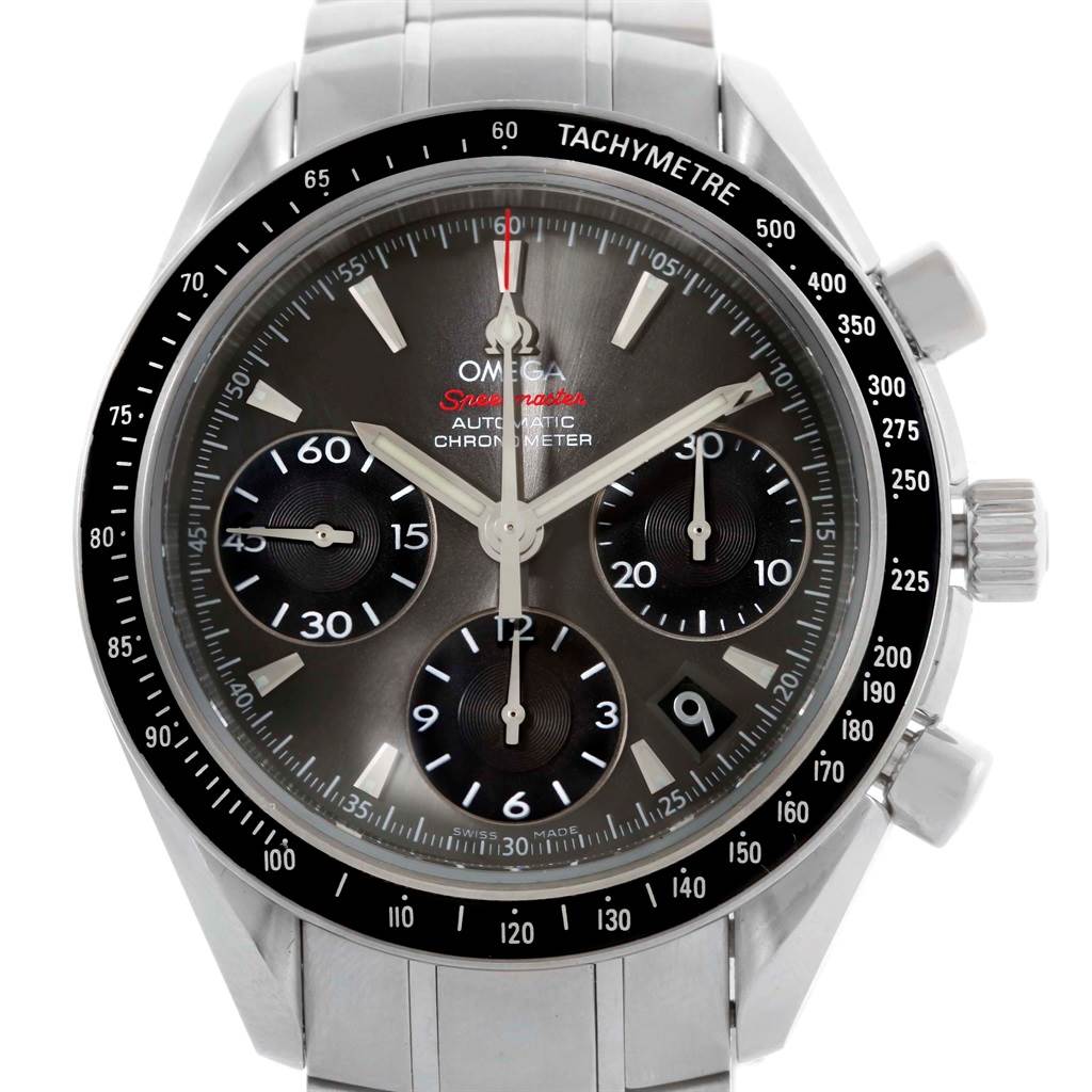 The image shows a front-facing view of the Omega Speedmaster 323.30.40.40.06.001 Men
s Stainless Steel Grey Dial 323.30.40.40.06.001 Men
s Stainless Steel Grey Dial watch, displaying the dial, tachymeter bezel, and chronograph sub-dials.