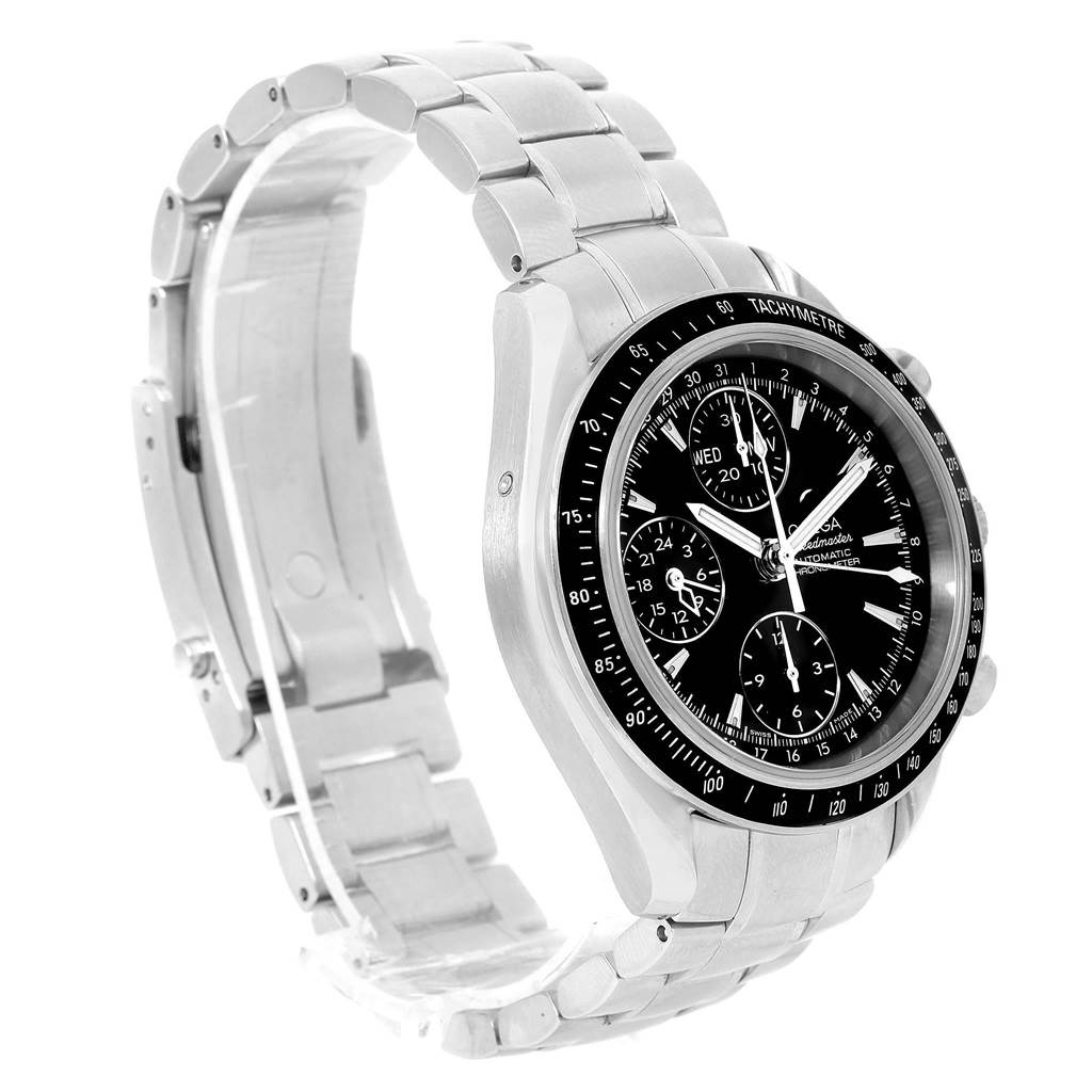 The Omega Speedmaster 3220.50.00 Men
s Stainless Steel Black Dial 3220.50.00 Men
s Stainless Steel Black Dial watch is shown at a three-quarter angle, displaying its bracelet, bezel, and dial with sub-dials.