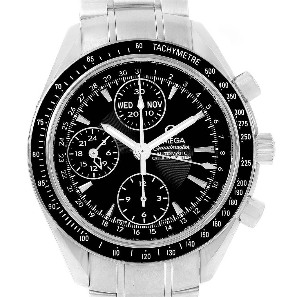 The Omega Speedmaster 3220.50.00 Men
s Stainless Steel Black Dial 3220.50.00 Men
s Stainless Steel Black Dial watch is shown from a front angle, displaying the dial, bezel, and stainless steel bracelet.
