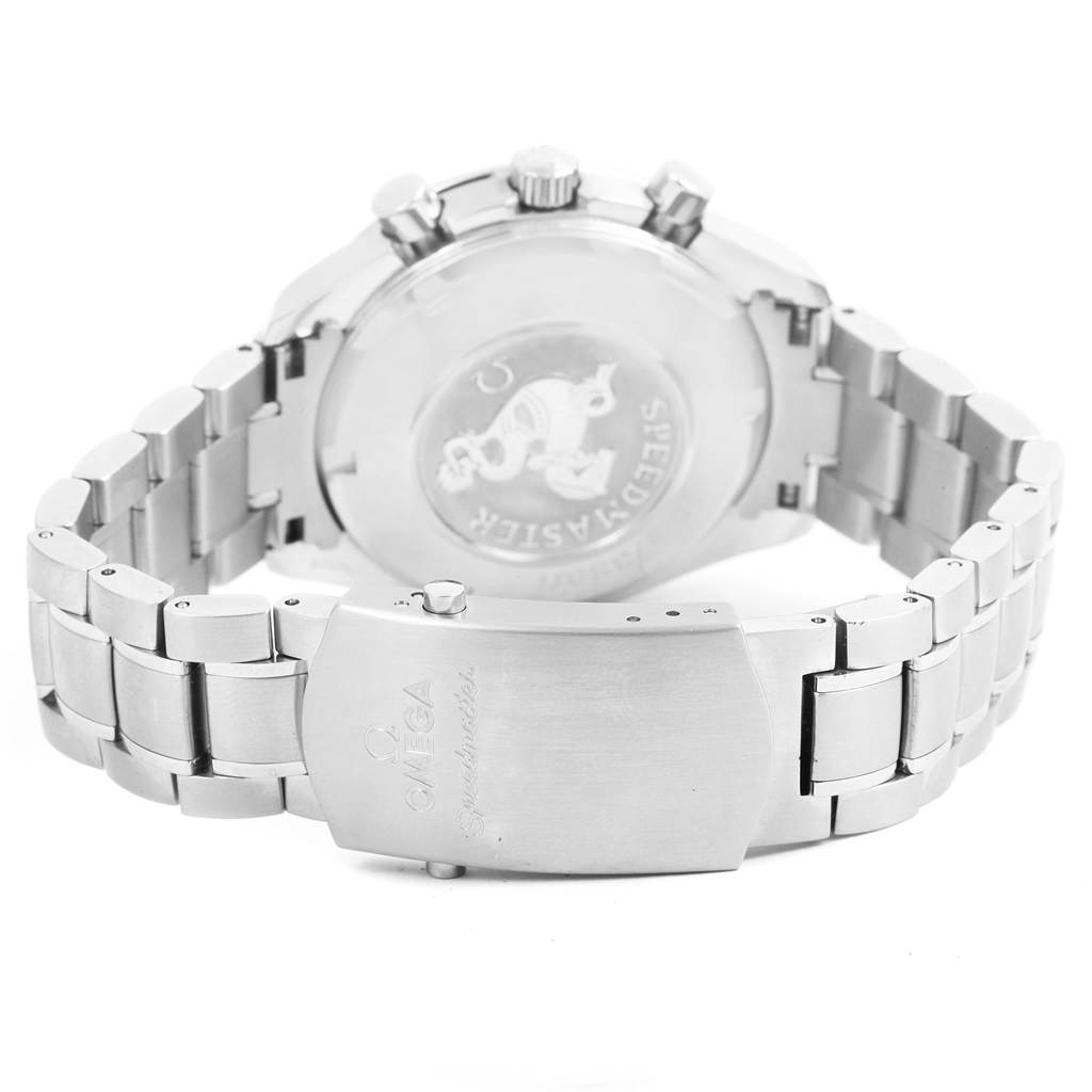 The image shows the back case and clasp of an Omega Speedmaster 3220.50.00 Men
s Stainless Steel Black Dial 3220.50.00 Men
s Stainless Steel Black Dial watch at a slight diagonal angle.