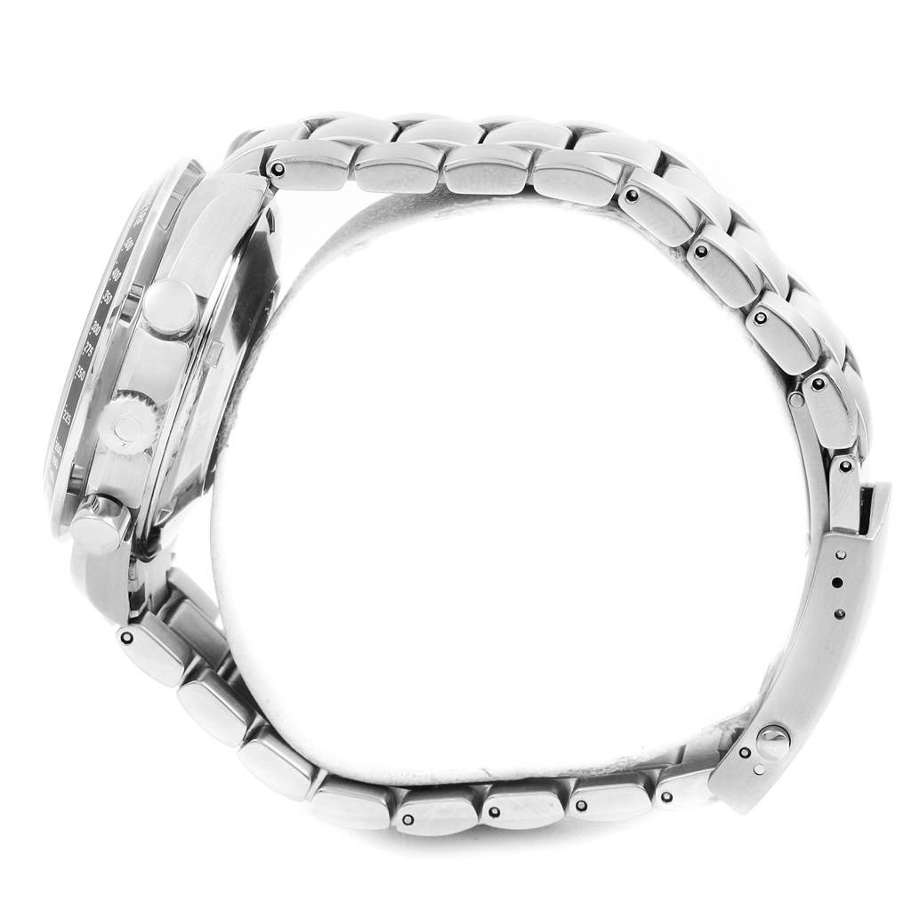 This image shows a side view of the Omega Speedmaster 3220.50.00 Men
s Stainless Steel Black Dial 3220.50.00 Men
s Stainless Steel Black Dial watch, highlighting its case, crown, pushers, and metal bracelet.