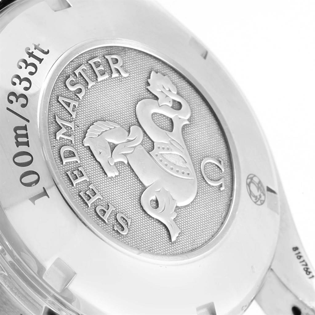 The image shows a close-up of the case back of an Omega Speedmaster 3212.80.00 Men
s Stainless Steel Blue Dial 3212.80.00 Men
s Stainless Steel Blue Dial watch, highlighting the logo and text detailing water resistance.