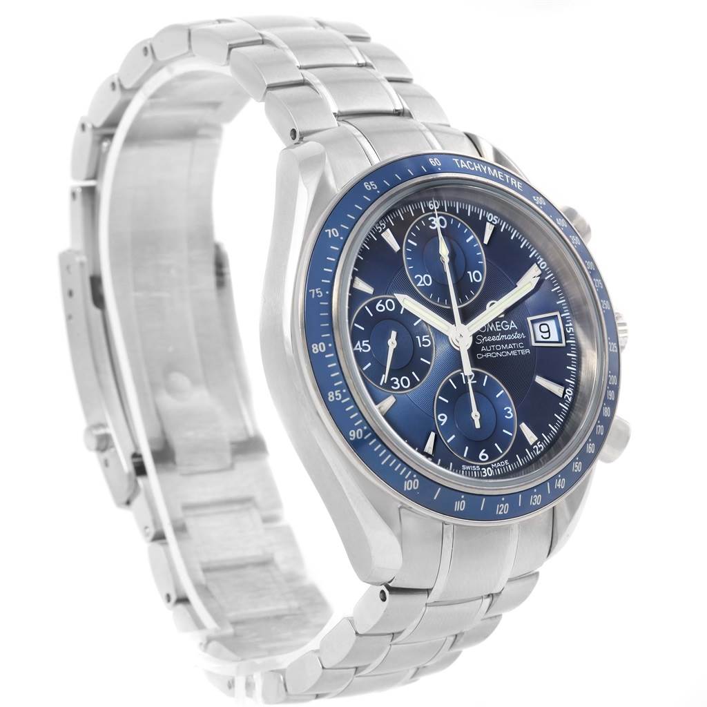 This image shows an Omega Speedmaster 3212.80.00 Men
s Stainless Steel Blue Dial 3212.80.00 Men
s Stainless Steel Blue Dial watch at a three-quarter angle, highlighting its face, bracelet, and open clasp.