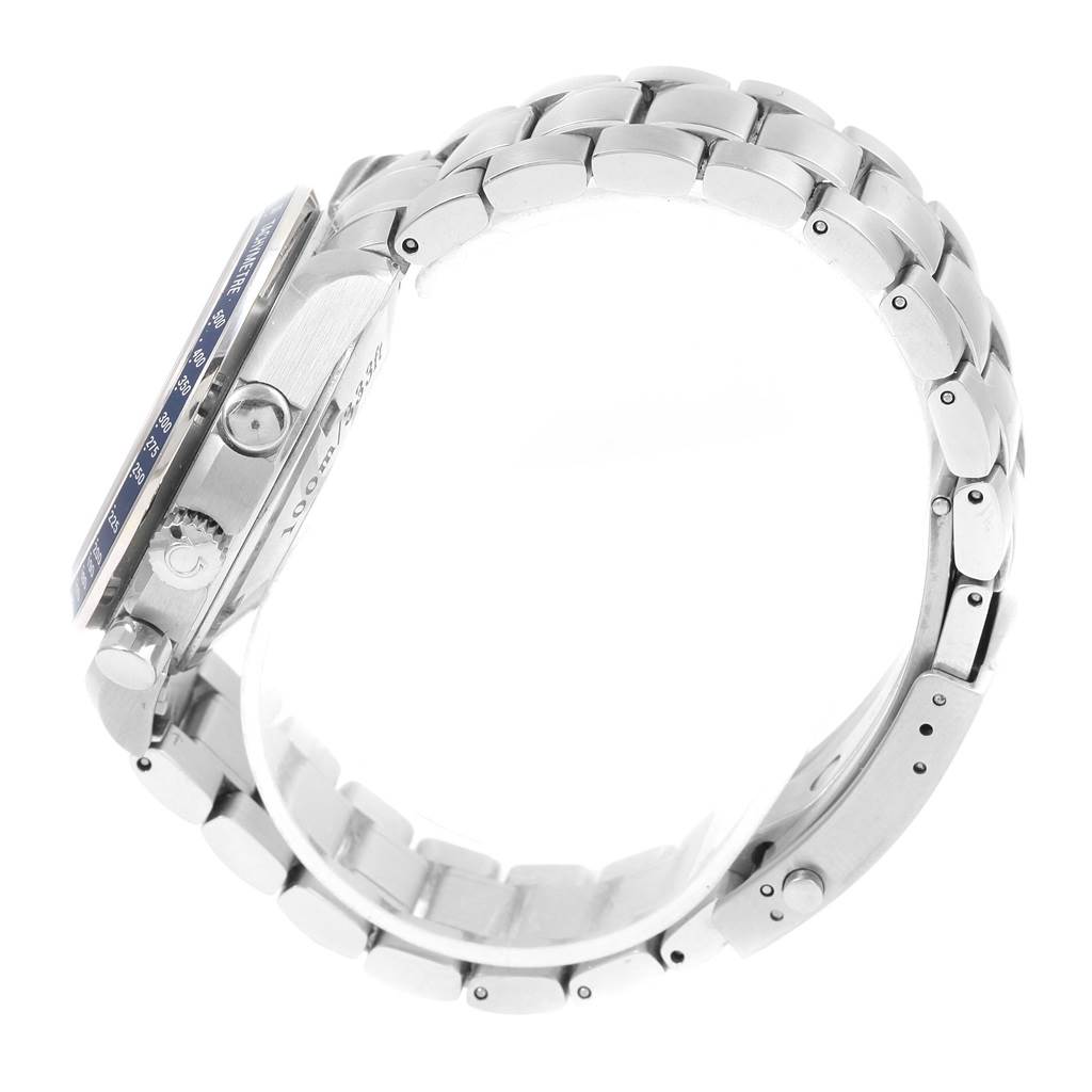 This side-angle view of the Omega Speedmaster 3212.80.00 Men
s Stainless Steel Blue Dial 3212.80.00 Men
s Stainless Steel Blue Dial shows the clasp, case, crown, buttons, and partial bracelet.