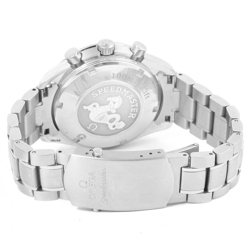 The image shows the back case and stainless steel bracelet of the Omega Speedmaster 3212.80.00 Men
s Stainless Steel Blue Dial 3212.80.00 Men
s Stainless Steel Blue Dial watch.