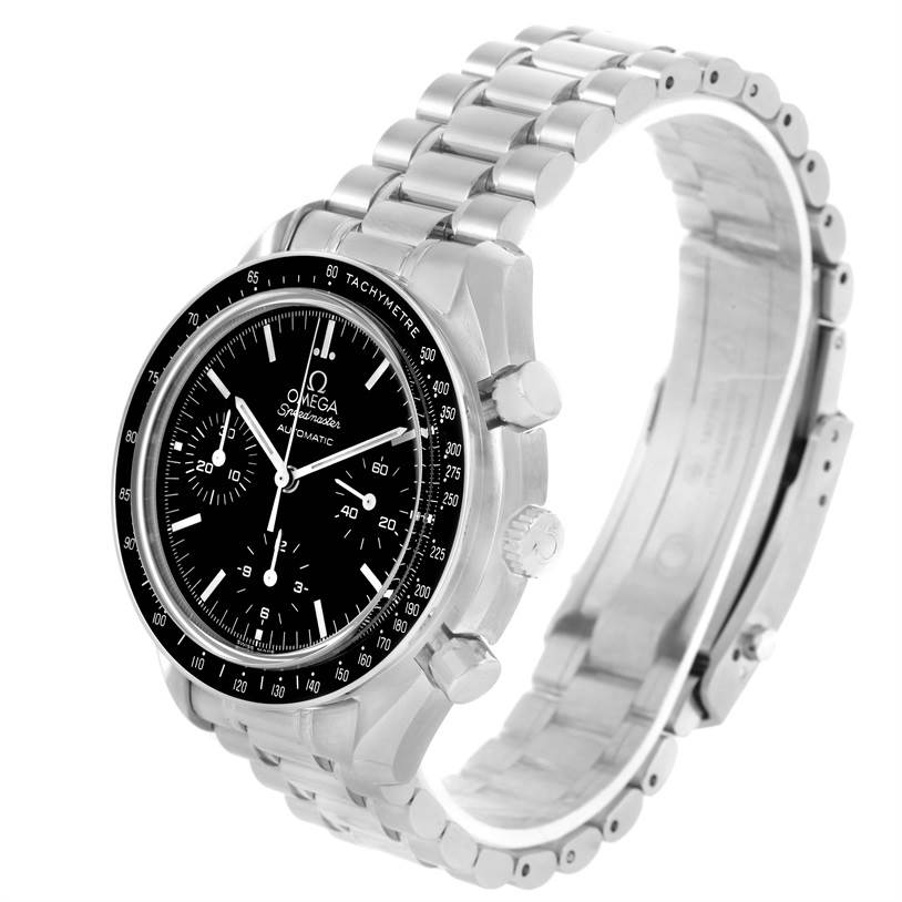 The image shows an Omega Speedmaster 3539.50.00 Men
s Stainless Steel Black Dial 3539.50.00 Men
s Stainless Steel Black Dial watch angled from the front-left side, highlighting the dial, case, bezel, pushers, and bracelet.
