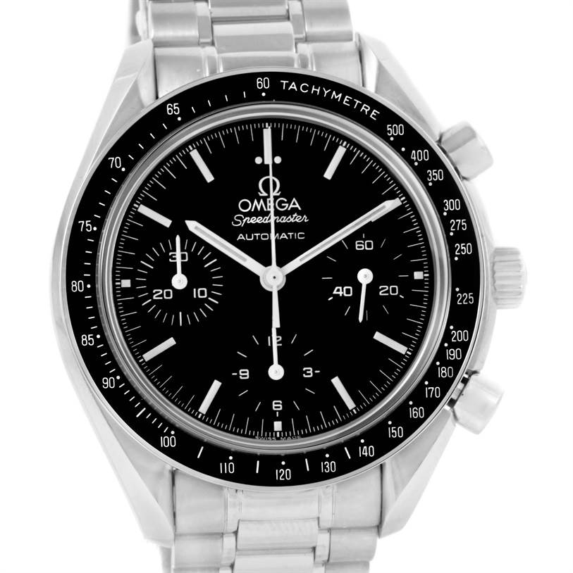 The Omega Speedmaster 3539.50.00 Men
s Stainless Steel Black Dial 3539.50.00 Men
s Stainless Steel Black Dial watch is shown from the front, displaying its face, bezel, and part of the stainless steel bracelet.