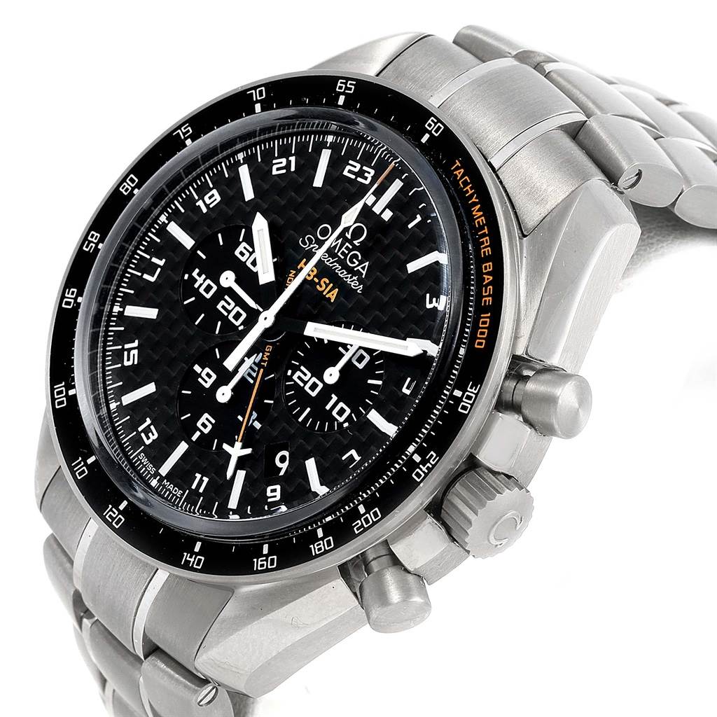 The image shows an Omega Speedmaster 321.90.44.52.01.001 Men's Titanium Black Dial 321.90.44.52.01.001 Men's Titanium Black Dial watch from an angled view, highlighting the dial, bezel, pushers, and crown.