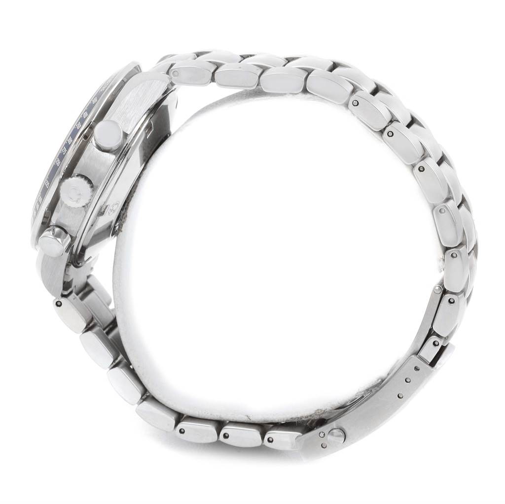 The image shows a side profile of an Omega Speedmaster 3212.80.00 Men
s Stainless Steel Blue Dial 3212.80.00 Men
s Stainless Steel Blue Dial watch, highlighting its case and metal bracelet.