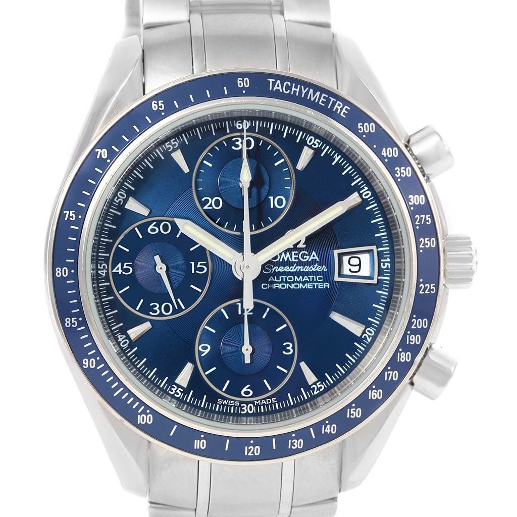 The image shows a front view of the Omega Speedmaster 3212.80.00 Men
s Stainless Steel Blue Dial 3212.80.00 Men
s Stainless Steel Blue Dial watch, highlighting the blue dial, chronograph subdials, and date window.