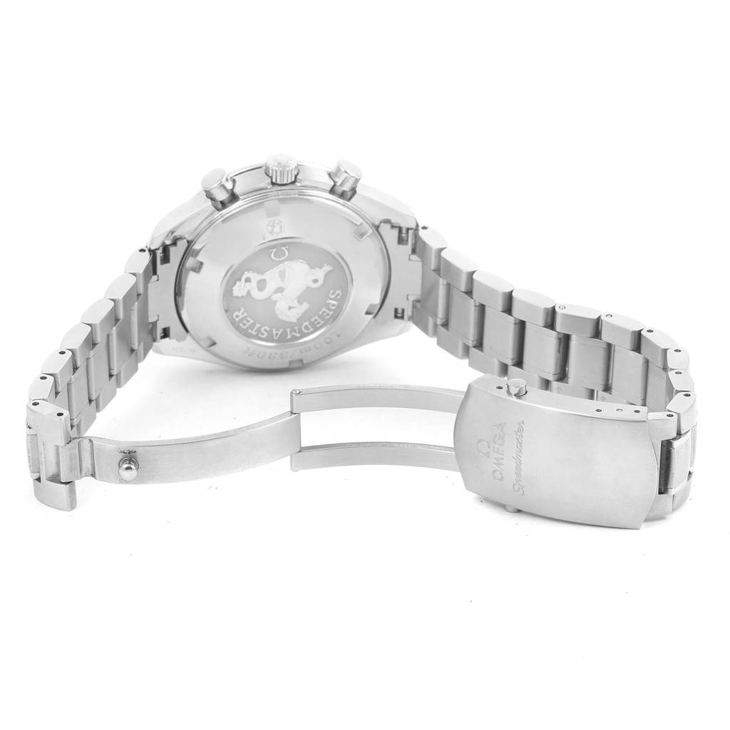 The image shows the back case and open clasp of an Omega Speedmaster 3212.80.00 Men
s Stainless Steel Blue Dial 3212.80.00 Men
s Stainless Steel Blue Dial watch with its metal bracelet.