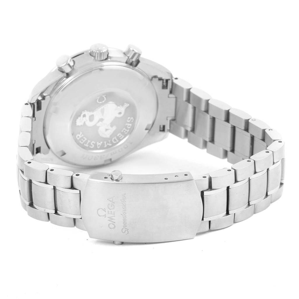 The image shows the back view of an Omega Speedmaster 3212.80.00 Men
s Stainless Steel Blue Dial 3212.80.00 Men
s Stainless Steel Blue Dial watch, highlighting the case back and a portion of the stainless steel bracelet.