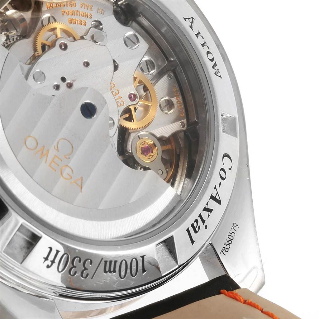 The image shows the back view of an Omega Speedmaster 321.93.42.50.13.001 Men
s Steel and Gold (two tone) Brown Dial 321.93.42.50.13.001 Men
s Steel and Gold (two tone) Brown Dial watch, highlighting its Co-Axial movement and mechanics.