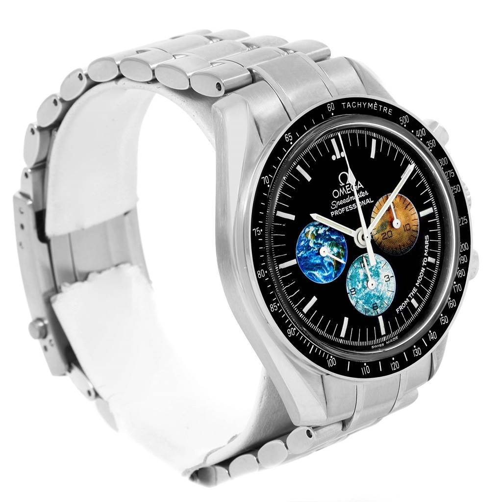 The Omega Speedmaster 3577.50.00 Men's Stainless Steel Black Dial 3577.50.00 Men's Stainless Steel Black Dial watch is shown at a 3/4 angle, displaying its face, bezel, and metallic strap.