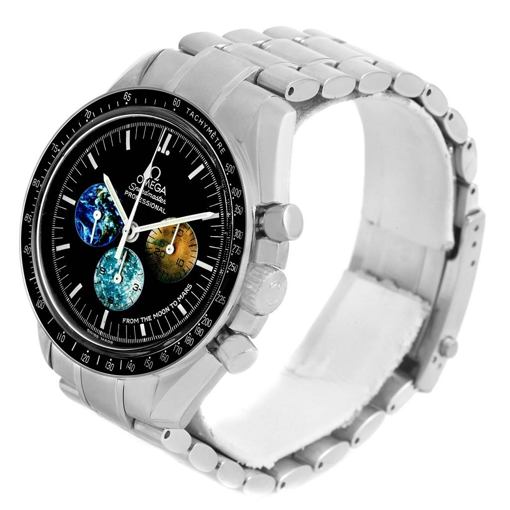 The image shows an angled front and side view of the Omega Speedmaster 3577.50.00 Men's Stainless Steel Black Dial 3577.50.00 Men's Stainless Steel Black Dial watch, focusing on the face, bezel, and bracelet.