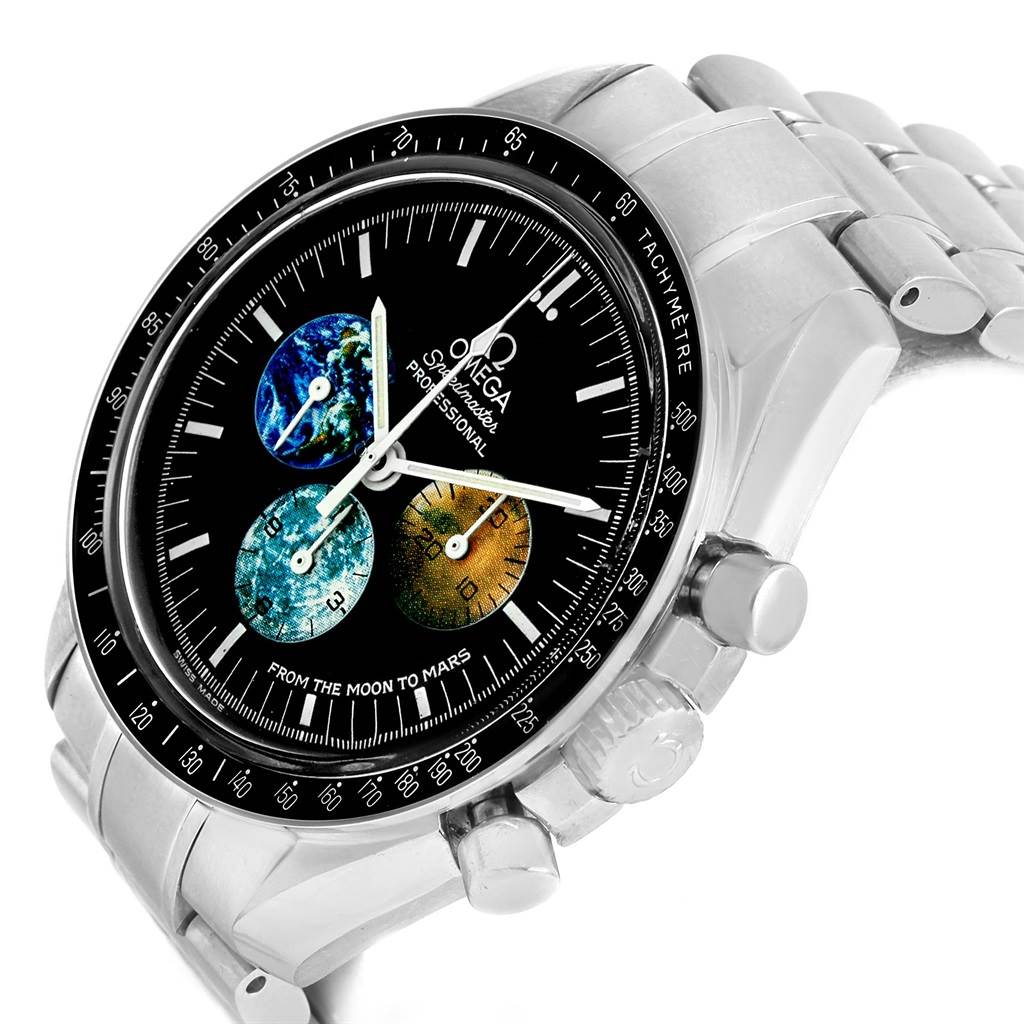 This image shows the Omega Speedmaster 3577.50.00 Men's Stainless Steel Black Dial 3577.50.00 Men's Stainless Steel Black Dial watch from an angled side view, highlighting its dial, bezel, crown, pushers, and stainless steel bracelet.