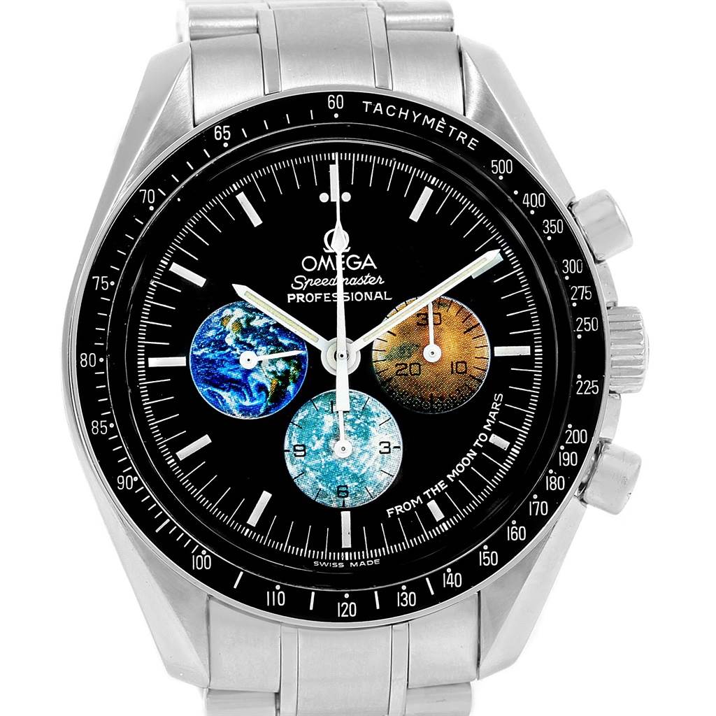 The image shows a front view of the Omega Speedmaster 3577.50.00 Men's Stainless Steel Black Dial 3577.50.00 Men's Stainless Steel Black Dial watch, highlighting its face, chronograph dials, and stainless-steel bracelet.