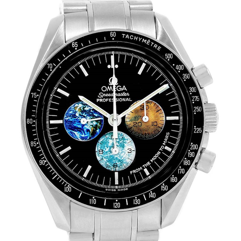 The image shows a front view of the Omega Speedmaster watch, highlighting its face, chronograph dials, and stainless-steel bracelet.