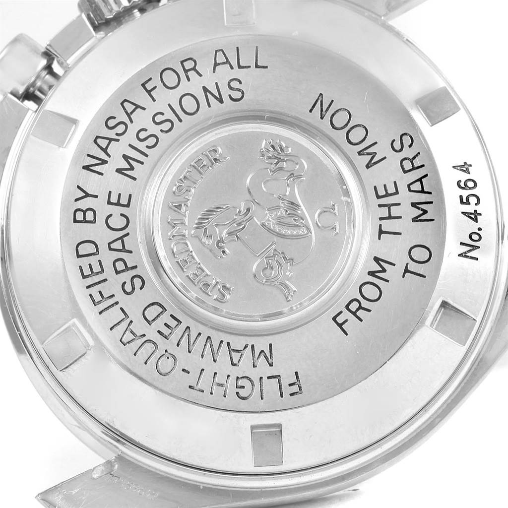 This image shows the back case of an Omega Speedmaster 3577.50.00 Men's Stainless Steel Black Dial 3577.50.00 Men's Stainless Steel Black Dial watch with engraved text and a unique serial number.